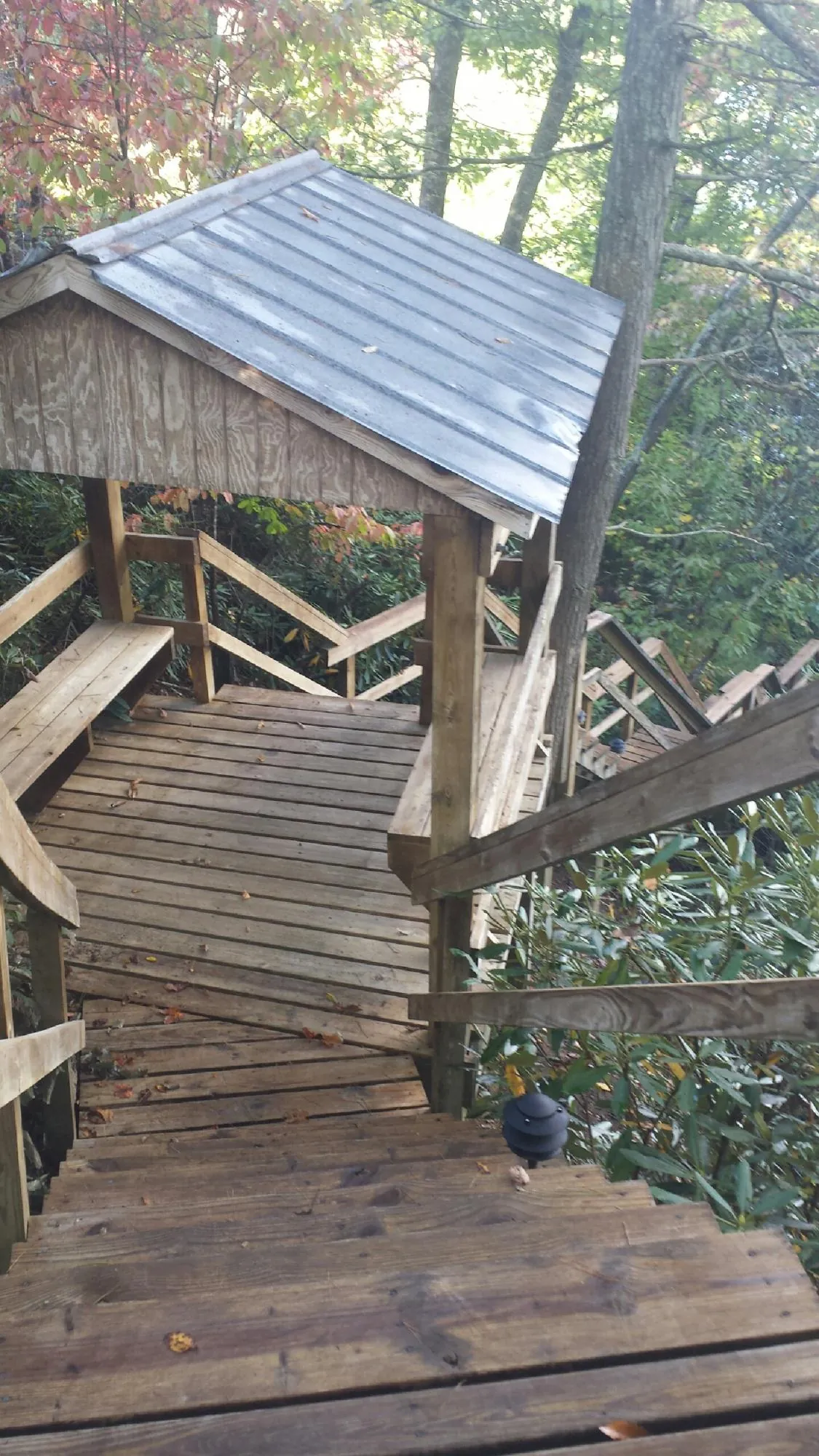 Metal roofed shelter over wooden steps on a wooded walkway — Skylight Repair & Installation work by our crew in Menlo Park